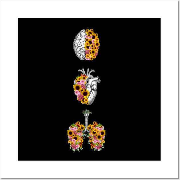 Set of human organ, lungs, heart and brain with sunflowers and daisy Wall Art by Collagedream